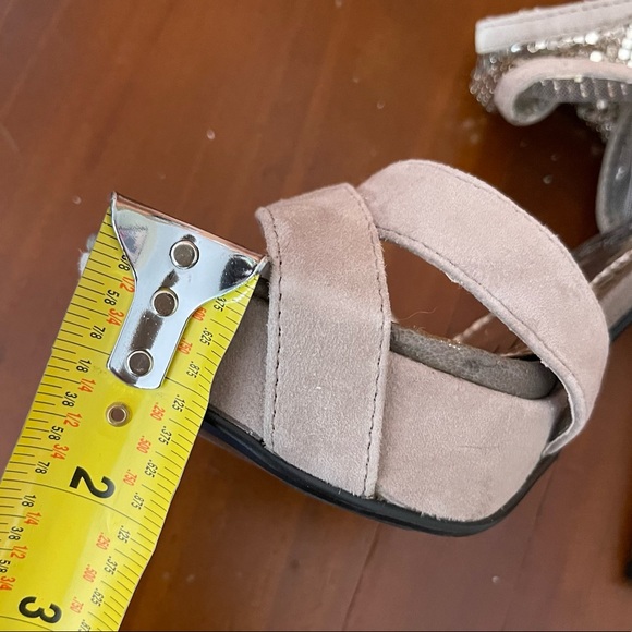 Sexy Naughty Monkey High Heel Sandals Beige Suede with Metal Mesh Ankle Wrap. - Picture 8 of 11